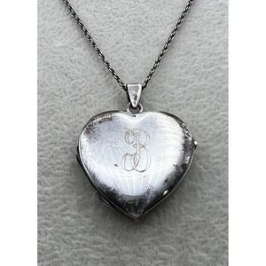 Vtg Sterling Silver Heart Locket Necklace 16" with 2" Ext Letter B Holds 4 Pics